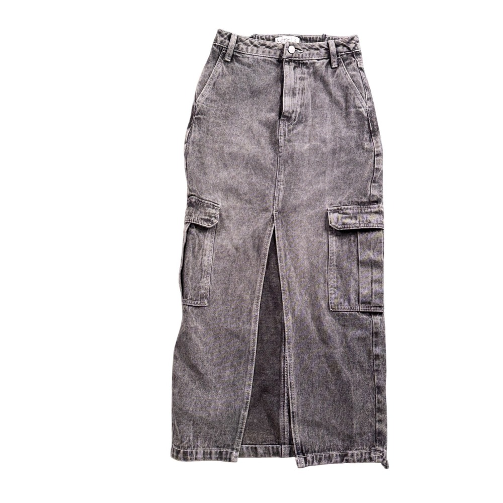 Love Fire Cargo Maxi Skirt 0 Black Denim‎ Front Slit Y2K Utility Grunge Edgy